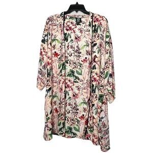 Bobeau Pink Floral Botanical Girly Open Front Flowy Peony Kimono Size XL